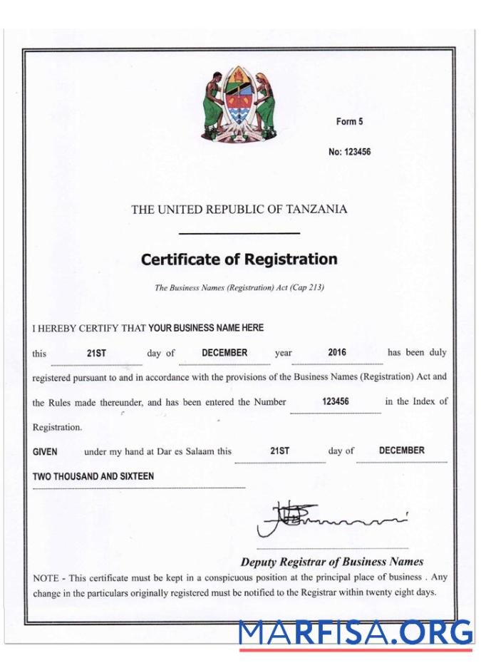 Printable TANZANIA business reg. cert example